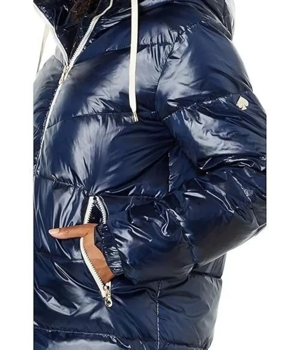 Kate Spade New York Hooded Down Puffer Jacket Shiny Navy Blue Women’s XL New